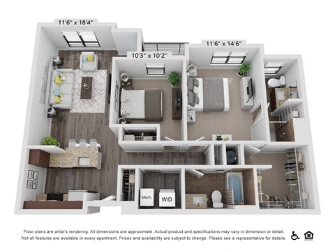 Floor plan for 2 beds, 2 baths, 997 sqft